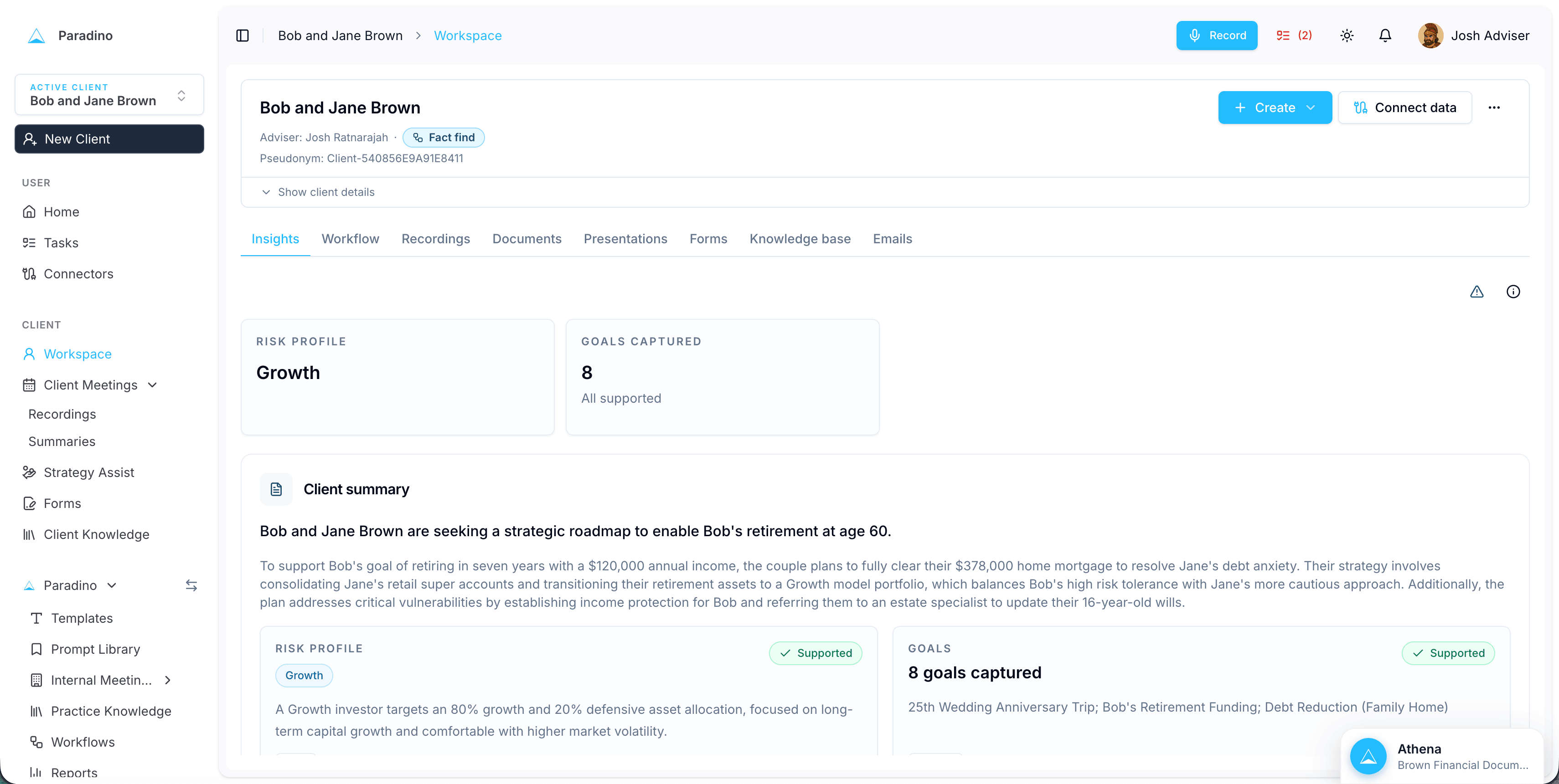 A client workspace in Paradino showing risk profile, goals captured and the client summary